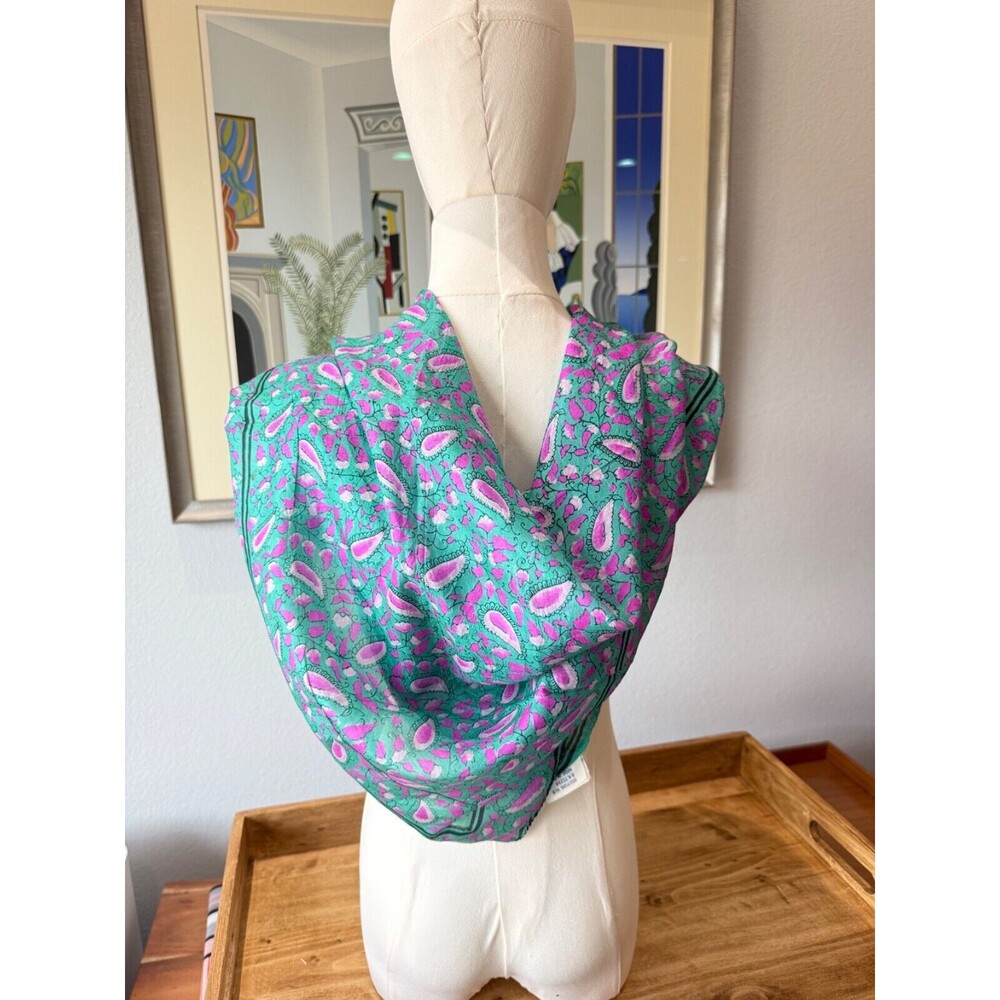1960s Marco Polo by Kalani Floral Silk Scarf Square Vintage Teal and Pink 35"‎